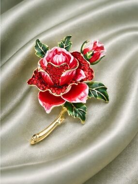 Red Rose Crystal Floral Gold  Statement Brooch